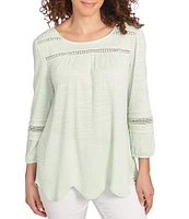 Ruby Rd. Knit Scoop Neck 3/4 Bishop Sleeve Lace Trim Scallop Hem Top