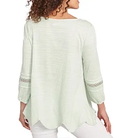 Ruby Rd. Knit Scoop Neck 3/4 Bishop Sleeve Lace Trim Scallop Hem Top