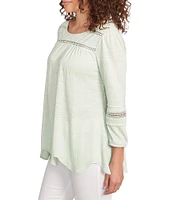 Ruby Rd. Knit Scoop Neck 3/4 Bishop Sleeve Lace Trim Scallop Hem Top