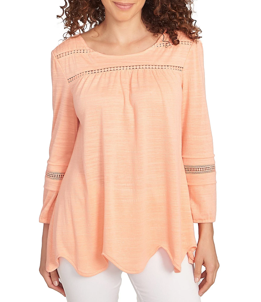 Ruby Rd. Knit Scoop Neck 3/4 Bishop Sleeve Lace Trim Scallop Hem Top