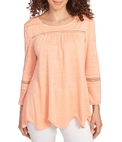 Ruby Rd. Knit Scoop Neck 3/4 Bishop Sleeve Lace Trim Scallop Hem Top