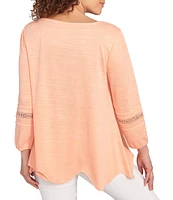 Ruby Rd. Knit Scoop Neck 3/4 Bishop Sleeve Lace Trim Scallop Hem Top