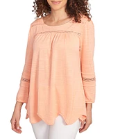 Ruby Rd. Knit Scoop Neck 3/4 Bishop Sleeve Lace Trim Scallop Hem Top