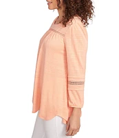 Ruby Rd. Knit Scoop Neck 3/4 Bishop Sleeve Lace Trim Scallop Hem Top