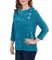 Ruby Rd. Sequin Chenille Knit Cowl Asymmetrical Neck 3/4 Sleeve Sweater