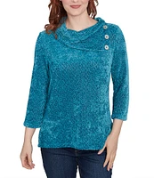 Ruby Rd. Sequin Chenille Knit Cowl Asymmetrical Neck 3/4 Sleeve Sweater