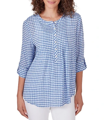 Ruby Rd. Silky Gauze Gingham Print Scoop Neck 3/4 Roll-Tab Sleeve Top