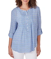 Ruby Rd. Silky Gauze Gingham Print Scoop Neck 3/4 Roll-Tab Sleeve Top