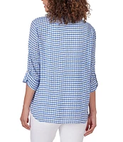 Ruby Rd. Silky Gauze Gingham Print Scoop Neck 3/4 Roll-Tab Sleeve Top