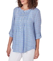 Ruby Rd. Silky Gauze Gingham Print Scoop Neck 3/4 Roll-Tab Sleeve Top