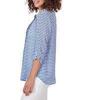 Ruby Rd. Silky Gauze Gingham Print Scoop Neck 3/4 Roll-Tab Sleeve Top