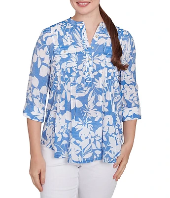 Ruby Rd. Silky Gauze Printed Banded Neck 3/4 Roll-Tab Sleeve Pleated Blouse