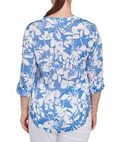 Ruby Rd. Silky Gauze Printed Banded Neck 3/4 Roll-Tab Sleeve Pleated Blouse