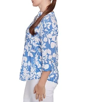 Ruby Rd. Silky Gauze Printed Banded Neck 3/4 Roll-Tab Sleeve Pleated Blouse