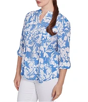 Ruby Rd. Silky Gauze Printed Banded Neck 3/4 Roll-Tab Sleeve Pleated Blouse