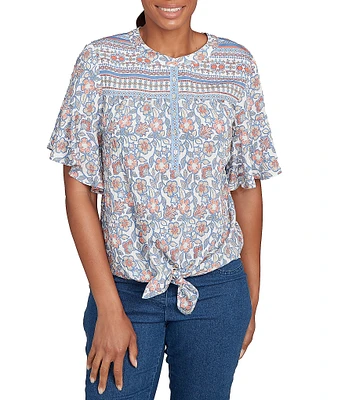 Ruby Rd. Silky Voile Printed Round Neck Short Flutter Sleeve Tie-Front Top