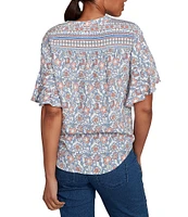 Ruby Rd. Silky Voile Printed Round Neck Short Flutter Sleeve Tie-Front Top