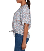 Ruby Rd. Silky Voile Printed Round Neck Short Flutter Sleeve Tie-Front Top