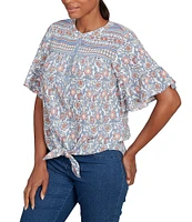 Ruby Rd. Silky Voile Printed Round Neck Short Flutter Sleeve Tie-Front Top
