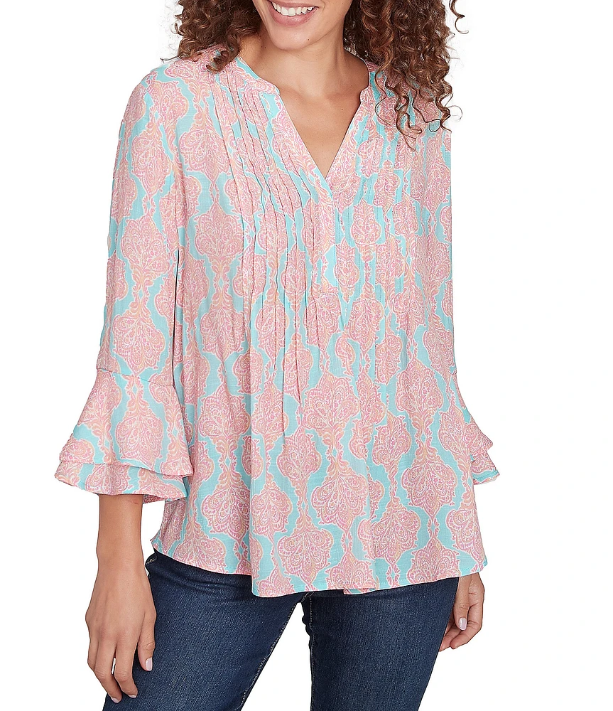 Ruby Rd. Silky Woven Filigree Medallion Split-V-Neck 3/4 Ruffle Sleeve Pintuck Detail Flowy Top