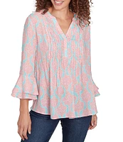 Ruby Rd. Silky Woven Filigree Medallion Split-V-Neck 3/4 Ruffle Sleeve Pintuck Detail Flowy Top