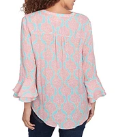 Ruby Rd. Silky Woven Filigree Medallion Split-V-Neck 3/4 Ruffle Sleeve Pintuck Detail Flowy Top