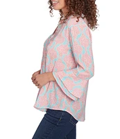 Ruby Rd. Silky Woven Filigree Medallion Split-V-Neck 3/4 Ruffle Sleeve Pintuck Detail Flowy Top