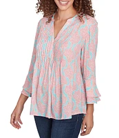 Ruby Rd. Silky Woven Filigree Medallion Split-V-Neck 3/4 Ruffle Sleeve Pintuck Detail Flowy Top