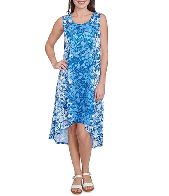 Ruby Rd. Slub Jersey Floral Ombre Scoop Neck Sleeveless Hi-Low Hem shift Dress