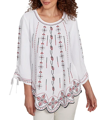Ruby Rd. Soft Crepe Gauze Embroidered Scoop Neck 3/4 Tie Sleeve Top