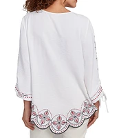Ruby Rd. Soft Crepe Gauze Embroidered Scoop Neck 3/4 Tie Sleeve Top