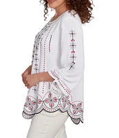 Ruby Rd. Soft Crepe Gauze Embroidered Scoop Neck 3/4 Tie Sleeve Top