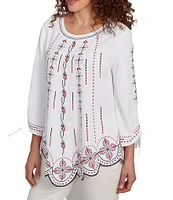 Ruby Rd. Soft Crepe Gauze Embroidered Scoop Neck 3/4 Tie Sleeve Top