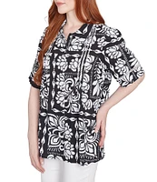 Ruby Rd. Soft Crepe Patchwork Point Collar Short Sleeve Button Front Shirt