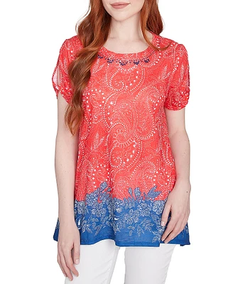 Ruby Rd. Soft Jersey Embellished Printed Scoop Neck Short Cut-Out Sleeve Top