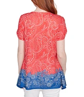 Ruby Rd. Soft Jersey Embellished Printed Scoop Neck Short Cut-Out Sleeve Top