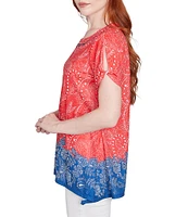 Ruby Rd. Soft Jersey Embellished Printed Scoop Neck Short Cut-Out Sleeve Top