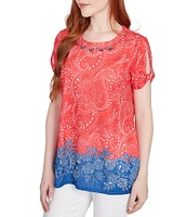 Ruby Rd. Soft Jersey Embellished Printed Scoop Neck Short Cut-Out Sleeve Top