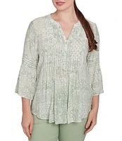 Ruby Rd. Soft Silky Slub Patchwork Band V-Neck 3/4 Bell Sleeve Pleated Flowy Blouse