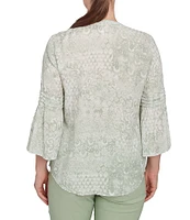 Ruby Rd. Soft Silky Slub Patchwork Band V-Neck 3/4 Bell Sleeve Pleated Flowy Blouse