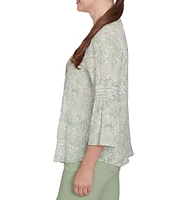 Ruby Rd. Soft Silky Slub Patchwork Band V-Neck 3/4 Bell Sleeve Pleated Flowy Blouse
