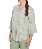 Ruby Rd. Soft Silky Slub Patchwork Band V-Neck 3/4 Bell Sleeve Pleated Flowy Blouse