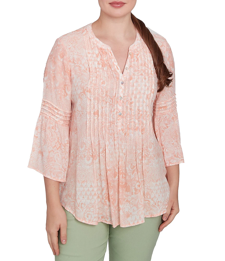 Ruby Rd. Soft Silky Slub Patchwork Band V-Neck 3/4 Bell Sleeve Pleated Flowy Blouse