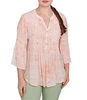 Ruby Rd. Soft Silky Slub Patchwork Band V-Neck 3/4 Bell Sleeve Pleated Flowy Blouse