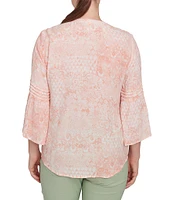 Ruby Rd. Soft Silky Slub Patchwork Band V-Neck 3/4 Bell Sleeve Pleated Flowy Blouse