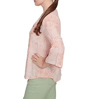 Ruby Rd. Soft Silky Slub Patchwork Band V-Neck 3/4 Bell Sleeve Pleated Flowy Blouse