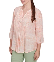 Ruby Rd. Soft Silky Slub Patchwork Band V-Neck 3/4 Bell Sleeve Pleated Flowy Blouse