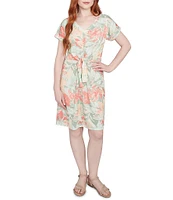 Ruby Rd. Soft Slub Jersey Batik Leaf Print V-Neck Short Sleeve Tie-Front Sheath Dress