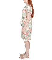 Ruby Rd. Soft Slub Jersey Batik Leaf Print V-Neck Short Sleeve Tie-Front Sheath Dress