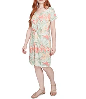 Ruby Rd. Soft Slub Jersey Batik Leaf Print V-Neck Short Sleeve Tie-Front Sheath Dress